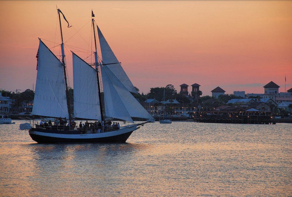 Schooner Freedom sailing in historic downtown St. Augustine, Florida.